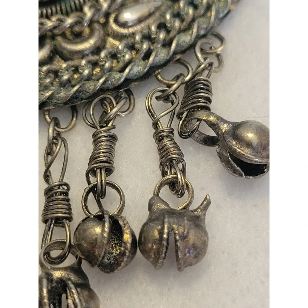 Vintage Tribal Boho Ethnic Pendant Carnelian Type Bell Statement Silver Tone